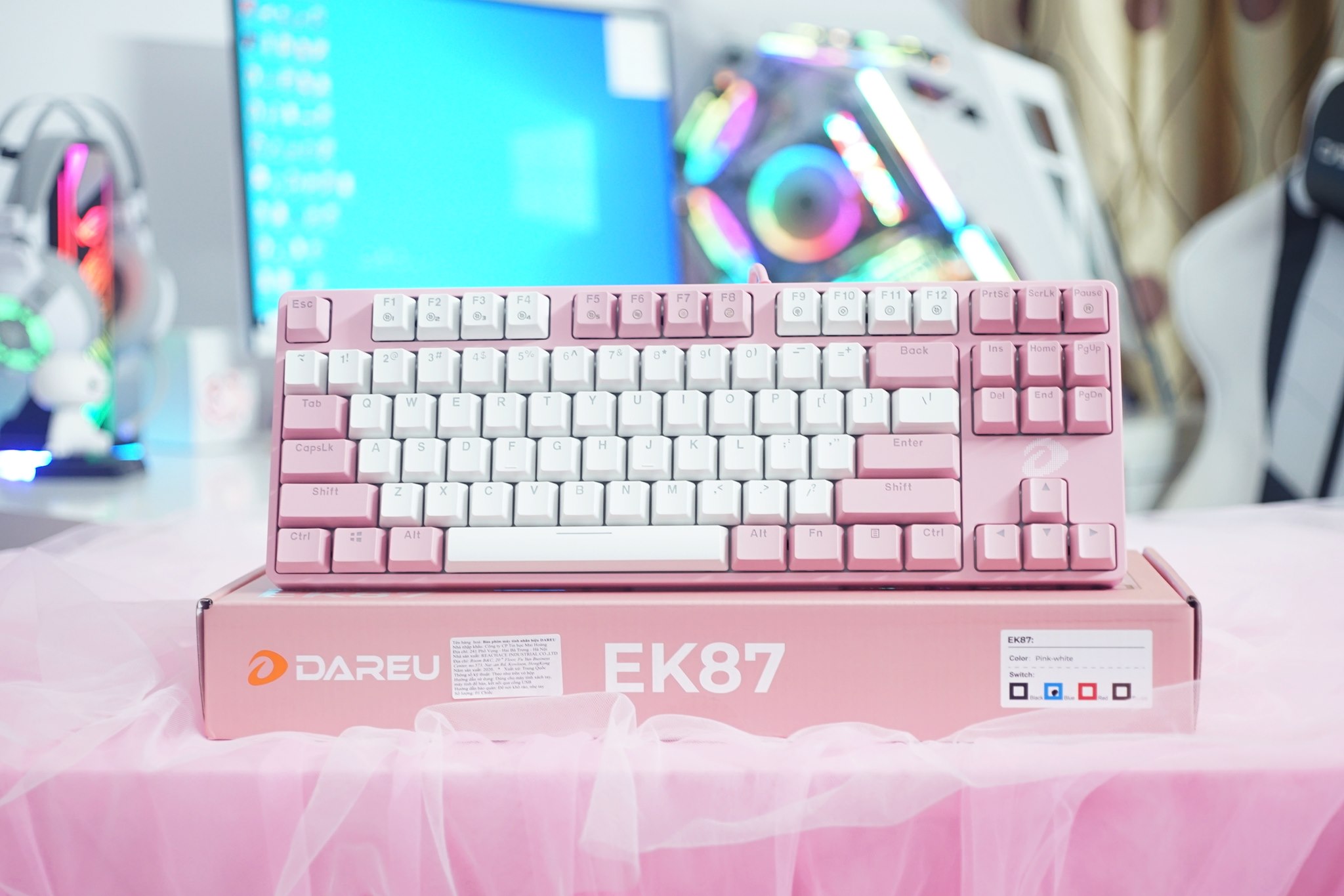 Bàn phím cơ DareU EK87 Pink White H5