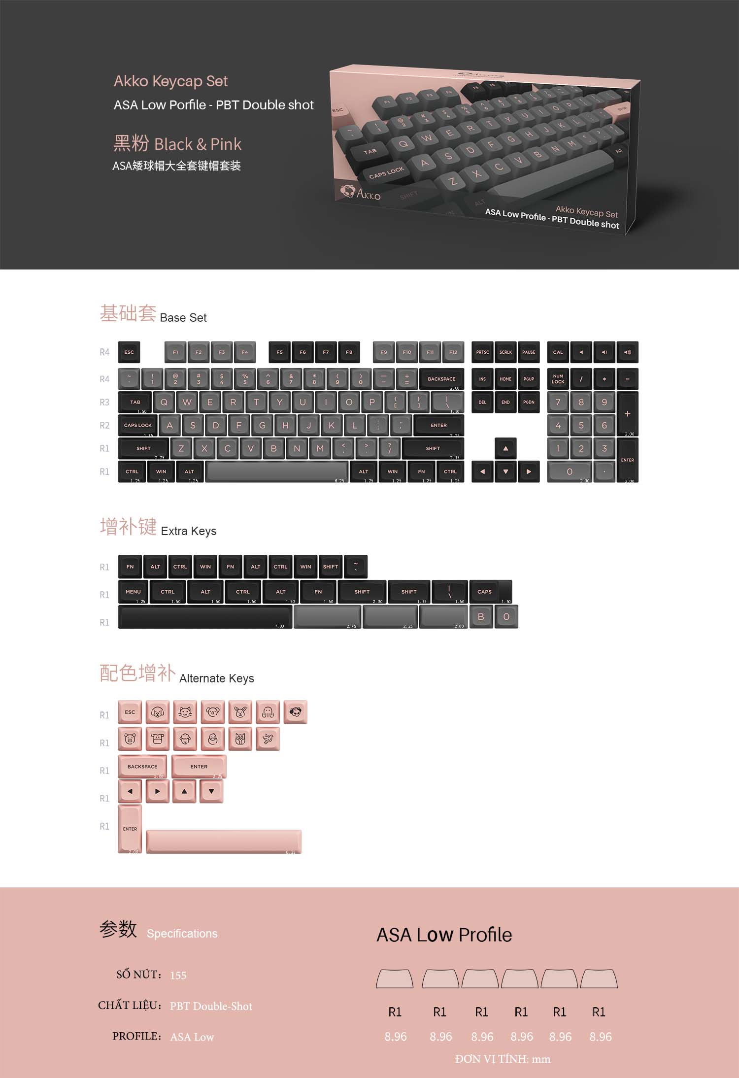 Keycap Akko Black Pink ASA Low Profile H6