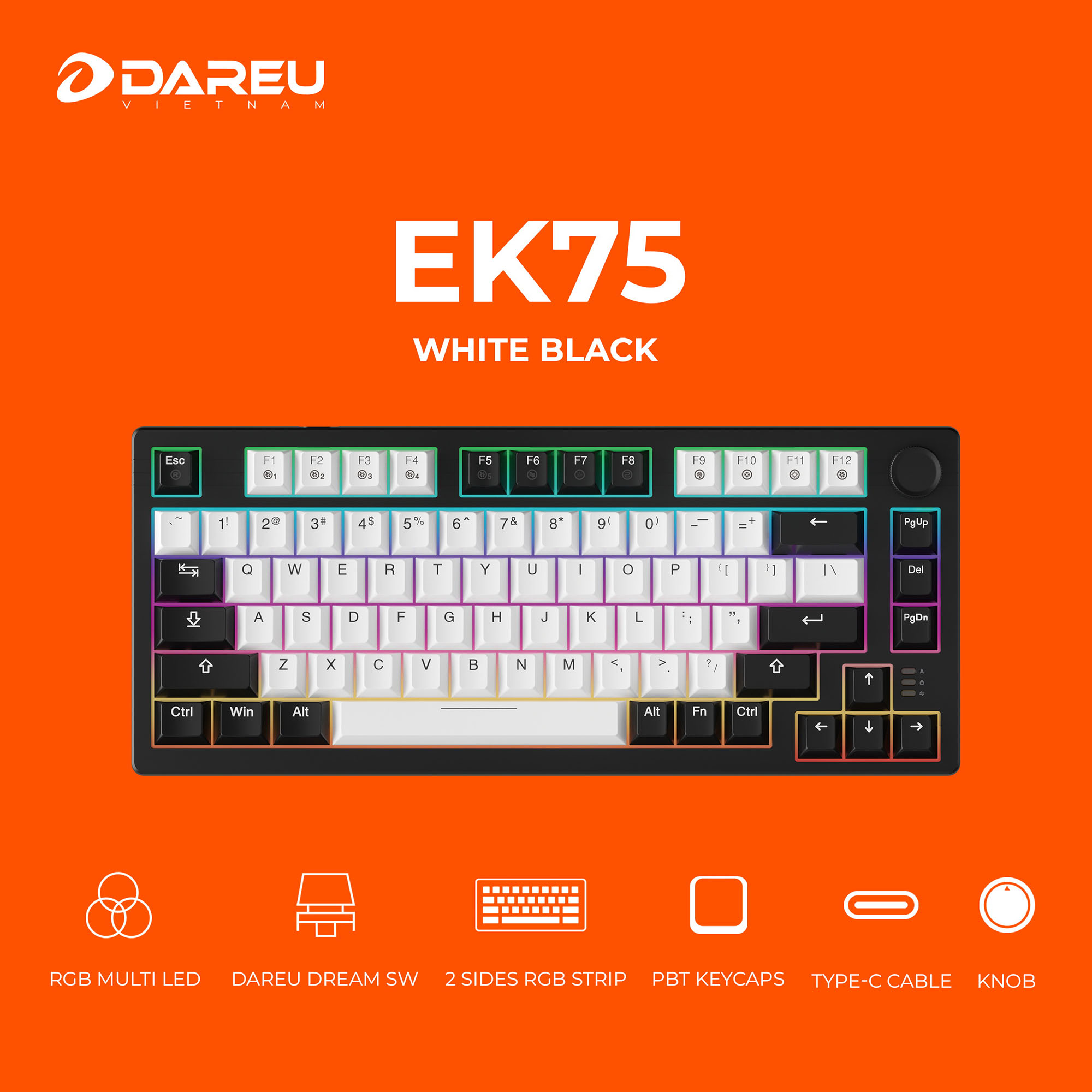 Bàn phím cơ DareU EK75 PBT White Black H6