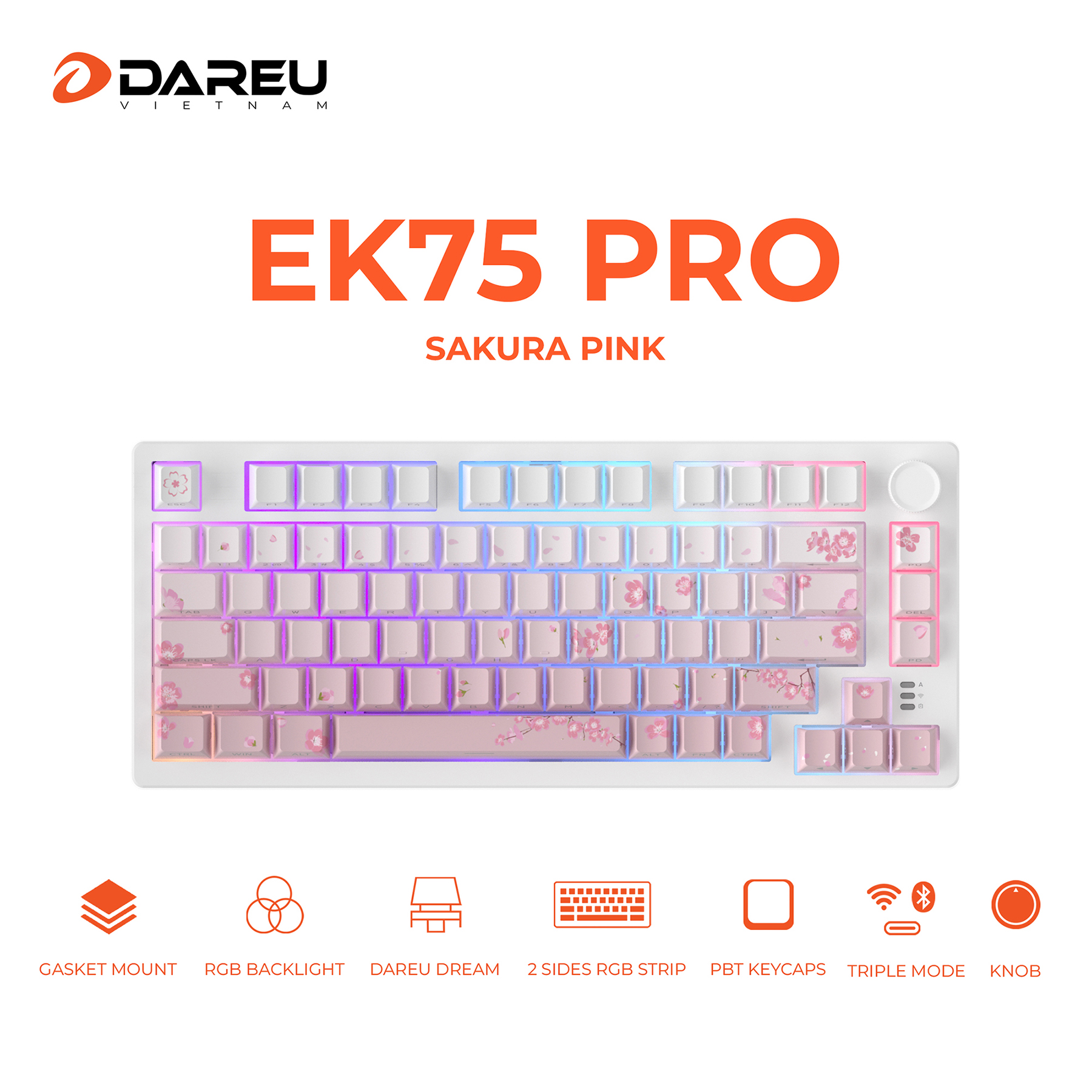 Bàn phím cơ DareU EK75 Pro Sakura Pink H10