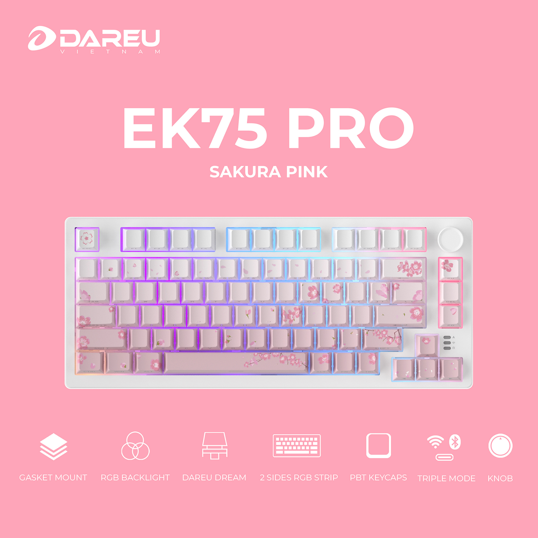 Bàn phím cơ DareU EK75 Pro Sakura Pink H6